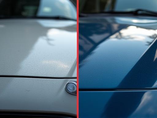 Before and after comparison photo of a car hood being polished, showing swirl removal